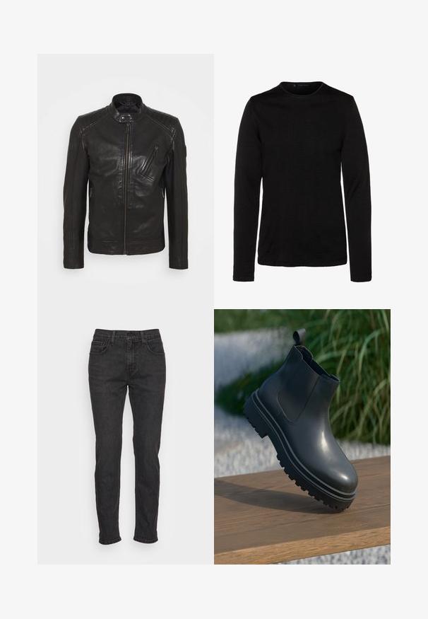 Schwarze Leder-Motorradjacke mit Stehkragen, gesteppten Schulterdetails, asymmetrischem Frontreißverschluss und zwei Reißverschlusstaschen.; Schwarzes Langarmshirt aus weichem Stoff mit Rundhalsausschnitt und figurbetonter Silhouette. Keine sichtbaren Muster oder zusätzlichen Verzierungen.; Schwarze Denim-Jeans mit schlankem Schnitt, ausgestattet mit fünf Taschen, Gürtelschlaufen und subtilen Stitching-Details. Abgenutzte Textur entlang des Stoffes.; Schwarzer Gummi-Stiefelette mit strukturiertem Finish, dicker, rutschfester Sohle, elastischen Seiteneinsätzen und einer Schlaufe hinten, die auf einer Holzoberfläche ruht.