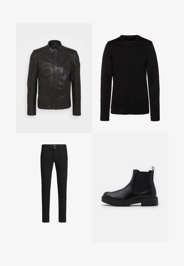 Schwarze Leder-Motorradjacke mit Stehkragen, gesteppten Schulterdetails, asymmetrischem Frontreißverschluss und zwei Reißverschlusstaschen.; Schwarzes Langarmshirt aus weichem Stoff mit Rundhalsausschnitt und figurbetonter Silhouette. Keine sichtbaren Muster oder zusätzlichen Verzierungen.; Schmal geschnittene schwarze Jeans mit fünf Taschen, Knopfverschluss und Gürtelschlaufen, etikettiert mit Jack & Jones.; Zign LEATHER - Stiefelette - black