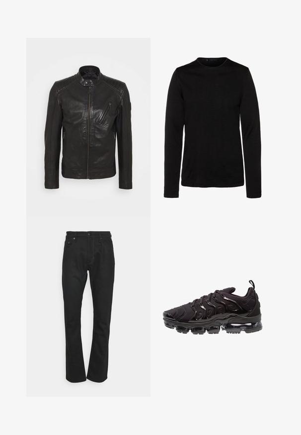 Schwarze Leder-Motorradjacke mit Stehkragen, gesteppten Schulterdetails, asymmetrischem Frontreißverschluss und zwei Reißverschlusstaschen.; Schwarzes Langarmshirt aus weichem Stoff mit Rundhalsausschnitt und figurbetonter Silhouette. Keine sichtbaren Muster oder zusätzlichen Verzierungen.; Schwarze Jeanshose mit geradem Bein, ausgestattet mit einem Knopf- und Reißverschluss und Kontrastnähten entlang der Nähte.; Schwarze Sportschuhe mit einem strukturierten Obermaterial aus Stoff, glänzenden Akzenten und einer ausgeprägten Luftpolstersohle. Verfügt über auffällige wellenartige Designelemente.