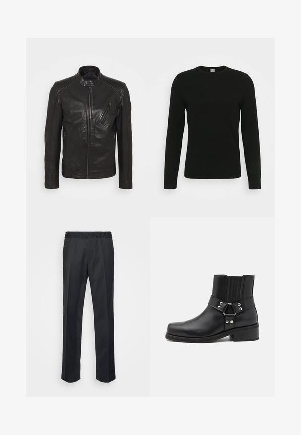 Schwarze Leder-Motorradjacke mit Stehkragen, gesteppten Schulterdetails, asymmetrischem Frontreißverschluss und zwei Reißverschlusstaschen.; FTC Cashmere 008-2084 - Strickpullover - moonless night; Schwarze Hose mit lockerer Passform, ausgestattet mit einem elastischen Bund, geraden Beinen und einer weichen, glatten Stoffstruktur.; The Kooples CHAUSSURES - Cowboy-/Bikerstiefelette - black