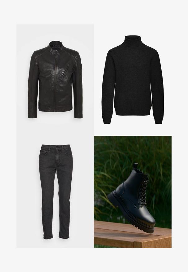 Schwarze Leder-Motorradjacke mit Stehkragen, gesteppten Schulterdetails, asymmetrischem Frontreißverschluss und zwei Reißverschlusstaschen.; Schwarzer Rollkragenpullover mit langen Ärmeln, gerippten Bündchen und Saum, aus weichem Strickstoff.; Schwarze Denim-Jeans mit schlankem Schnitt, ausgestattet mit fünf Taschen, Gürtelschlaufen und subtilen Stitching-Details. Abgenutzte Textur entlang des Stoffes.; Schwarze Lederstiefelette mit runder Zehenform, Schnürverschluss vorne und dicker, gezahnter Sohle. Verfügt über eine Zuglasche am Schaft für ein einfaches Anziehen.