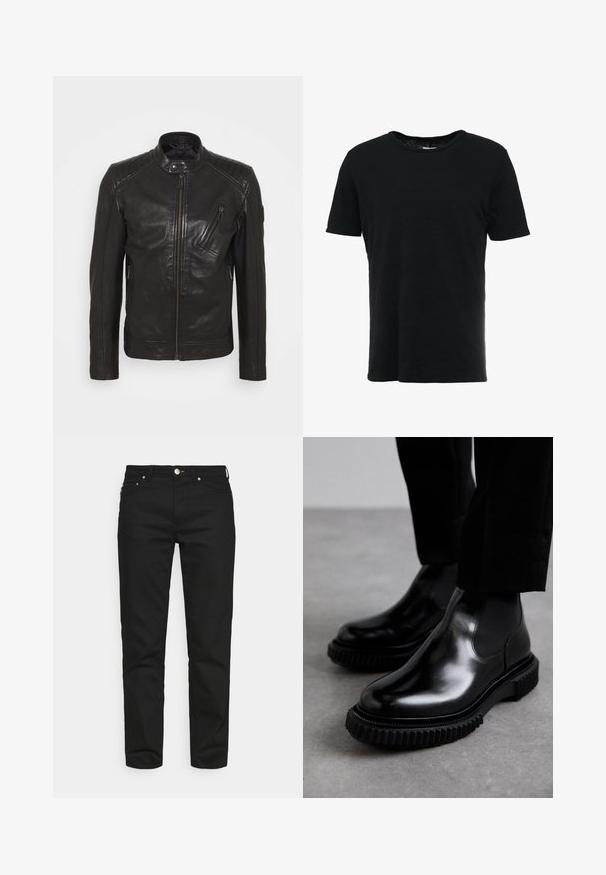 Chaqueta de motocicleta de cuero negro con cuello alzado, detalles acolchados en los hombros, cremallera asimétrica en el frontal y dos bolsillos con cremallera.; rag & bone CLASSIC TEE - Camiseta básica - black; Won Hundred ARCHER - Vaqueros tapered - rinse black; Botas Chelsea de cuero negro con un acabado suave, paneles laterales elásticos y una suela de goma gruesa y texturizada que presenta un patrón de banda de rodadura resistente.