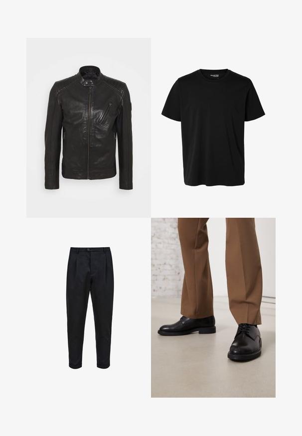 Chaqueta de motocicleta de cuero negro con cuello alzado, detalles acolchados en los hombros, cremallera asimétrica en el frontal y dos bolsillos con cremallera.; Camiseta negra lisa de manga corta y cuello redondo con corte de hombre, sin patrones ni logotipos visibles en el delantero.; Pantalones negros de tejido suave, con un frente plisado, ajuste tapered y puños enrollados. Cierre de botón sencillo en la cintura.; Zapatos de cuero negro con superficie lisa y puntera redonda, que presentan cierre con cordones y una suela baja y plana. Combinados con pantalones marrones.