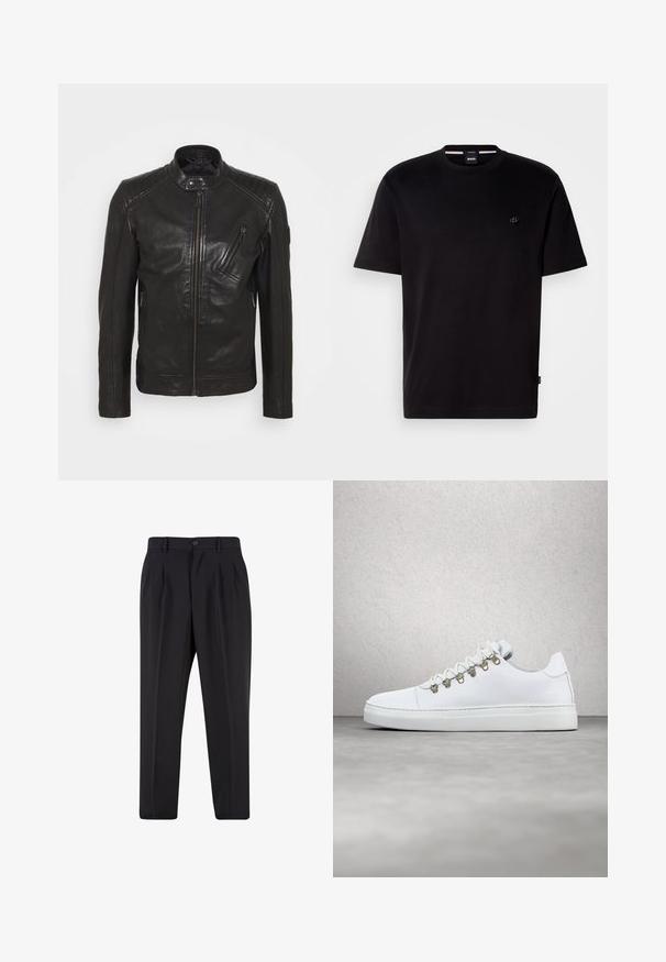 Schwarze Leder-Motorradjacke mit Stehkragen, gesteppten Schulterdetails, asymmetrischem Frontreißverschluss und zwei Reißverschlusstaschen.; Schwarzes Baumwoll-T-Shirt mit Rundhalsausschnitt, kurzen Ärmeln und kleinem Logo auf der linken Seite. Einfaches Design und glatte Textur.; Schwarze, maßgeschneiderte Hose mit vorderen Bundfalten, Gürtelschlaufen und Knopfverschluss an der Taille.; Weiße Leder-Sneaker mit glatter Textur, goldenen Metallösen, flachen weißen Schnüren und einer dicken weißen Sohle. Minimalistisches Design.