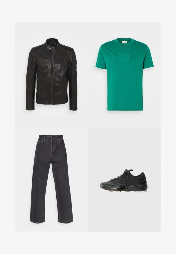 Schwarze Leder-Motorradjacke mit Stehkragen, gesteppten Schulterdetails, asymmetrischem Frontreißverschluss und zwei Reißverschlusstaschen.; Grünes Baumwoll-T-Shirt mit Rundhalsausschnitt und kurzem Arm. Mit erhabenem "GANT"-Logo und dem Text "AMERICAN SPORTSWEAR" auf der Vorderseite.; Hochtaillierte, gerade Jeans aus dunkelgrauem Denim, mit einem klassischen Fünf-Taschen-Design und kontrastierenden Nähten an den Säumen.; Schwarzer Sportschuh aus Mesh und Leder mit strukturierten Akzenten. Verfügt über schwarze Schnürsenkel und eine kontrastierende weiße Sohle. Markenname auf der Seite angezeigt.