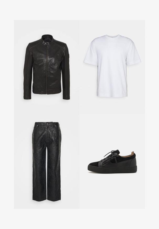 Chaqueta de motocicleta de cuero negro con cuello alzado, detalles acolchados en los hombros, cremallera asimétrica en el frontal y dos bolsillos con cremallera.; Filippa K HEAVY CREW NECK TEE - Camiseta básica - white; Han Kjøbenhavn EMBOSSED TRIBAL - Pantalón de cuero - black; Giuseppe Zanotti DOUBLE ZIP - Zapatillas - black