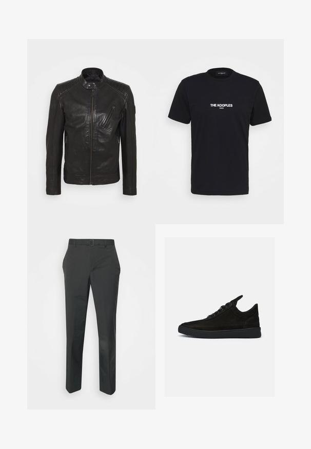 Veste de moto en cuir noir avec un col montant, des détails matelassés aux épaules, une fermeture éclair asymétrique à l'avant et deux poches zippées.; T-shirt en coton noir avec un col rond, des manches courtes et le texte en blanc "THE KOOPLES PARIS" sur le devant.; Neil Barrett PLEAT TROUSERS - Pantalon classique - black; Baskets en daim noir à profil bas, avec un bout rond et une semelle en caoutchouc texturé. Comprend cinq œillets et une languette à l'arrière.