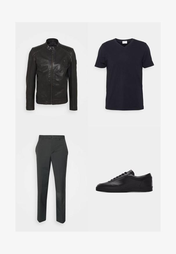 Chaqueta de motocicleta de cuero negro con cuello alzado, detalles acolchados en los hombros, cremallera asimétrica en el frontal y dos bolsillos con cremallera.; Camiseta negra de cuello en V hecha de algodón, con mangas cortas y un corte relajado. Diseño sencillo, sin patrones ni acentos adicionales.; Neil Barrett PLEAT TROUSERS - Pantalones - black; Zapatilla baja negra de cuero con cordones en la parte delantera y suela plana de goma, mostrada de perfil sobre un fondo blanco liso.