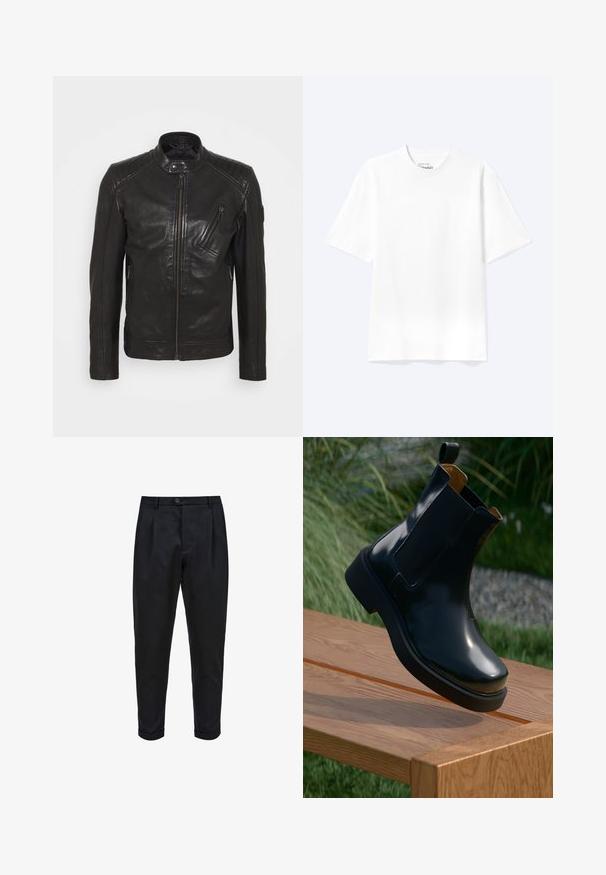 Veste de moto en cuir noir avec un col montant, des détails matelassés aux épaules, une fermeture éclair asymétrique à l'avant et deux poches zippées.; T-shirt blanc uni à manches courtes et col rond avec une coupe décontractée, présenté sur un fond clair.; Pantalons noirs en tissu lisse, avec un devant plissé, une coupe fuselée et des ourlets roulés. Fermeture par bouton simple à la taille.; Bottines Chelsea en cuir noir avec finition lisse, panneaux latéraux élastiques, bout arrondi et semelle en caoutchouc épaisse, positionnées au-dessus d'une surface en bois.