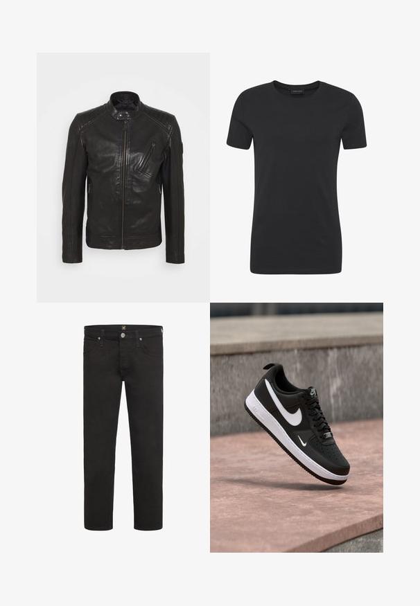 Sort lædermotorcykeljakke med ståkrave, quiltede skulderdetaljer, asymmetrisk frontlynlås og to lynlåslommer.; Sort, kortærmet t-shirt med rund halsudskæring, enkel design og afslappet pasform.; Sorte straight-leg jeans med knap- og lynlås-lukning, for- og baglommer samt bæltestropper, fra mærket Lee.; Sort-hvid Nike Air Force 1 sneaker svævende over en lyserød betonflade med en grå stenbaggrund.