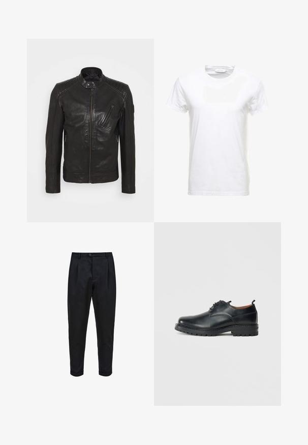 Chaqueta de motocicleta de cuero negro con cuello alzado, detalles acolchados en los hombros, cremallera asimétrica en el frontal y dos bolsillos con cremallera.; Camiseta de algodón blanca con mangas cortas, diseño de cuello redondo y textura suave. Etiqueta visible en el cuello. Estilo simple y clásico.; Pantalones negros de tejido suave, con un frente plisado, ajuste tapered y puños enrollados. Cierre de botón sencillo en la cintura.; Zapatos derby de cuero negro con una textura suave, punta redondeada, diseño de cordones y una suela de goma gruesa y resistente.