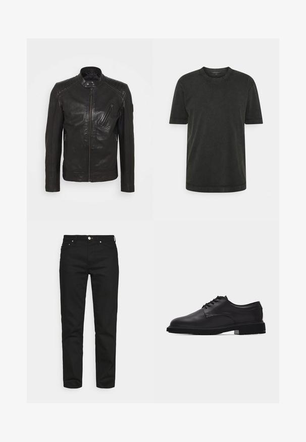 Schwarze Leder-Motorradjacke mit Stehkragen, gesteppten Schulterdetails, asymmetrischem Frontreißverschluss und zwei Reißverschlusstaschen.; Dunkelgrünes T-Shirt mit kurzen Ärmeln aus weicher Baumwolle, mit rundem Halsausschnitt und geradem Saum, der mit minimalen Nähten versehen ist.; Won Hundred ARCHER - Jeans Tapered Fit - rinse black; Schwarzer Herrenschuh aus Leder mit Schnürung, glatter Oberfläche und dicker Gummisohle, im Profil auf weißem Hintergrund gezeigt.