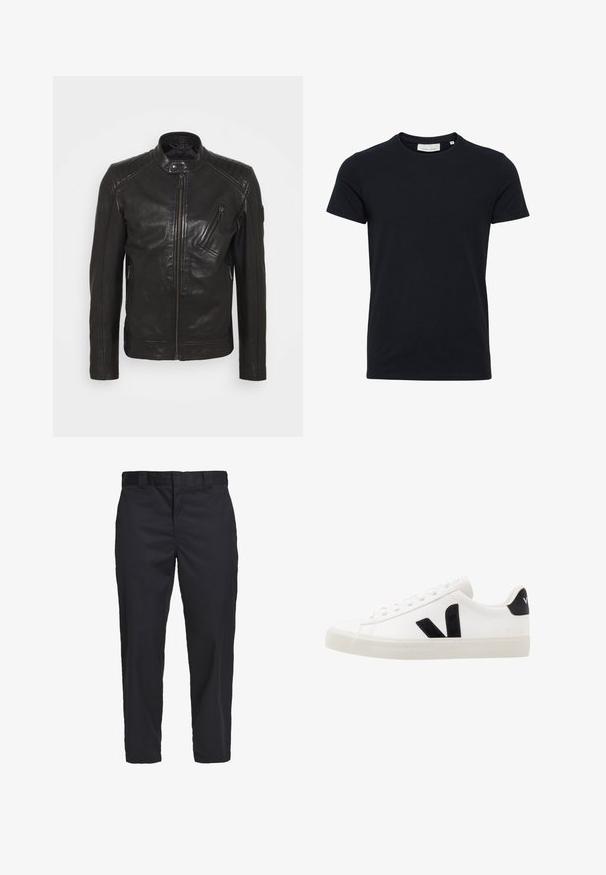 Veste de moto en cuir noir avec un col montant, des détails matelassés aux épaules, une fermeture éclair asymétrique à l'avant et deux poches zippées.; T-shirt noir à manches courtes et col rond avec une étiquette de taille moyenne à l'intérieur du col.; Chinos noirs en coton léger, avec une coupe droite, des poches latérales et une fermeture à bouton à la taille.; Sneaker blanche en cuir avec des accents en daim noir ; dispose d'une semelle en caoutchouc, d'un bout rond et d'un design classique à lacets. Logo latéral en noir.