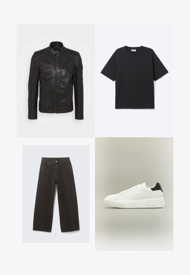 Schwarze Leder-Motorradjacke mit Stehkragen, gesteppten Schulterdetails, asymmetrischem Frontreißverschluss und zwei Reißverschlusstaschen.; Schwarzes T-Shirt mit kurzen Ärmeln und Rundhalsausschnitt in lockerer Passform, Vorderansicht, schlichtes Design und sichtbares Weekday-Label im Krageninneren.; Hochwaisted, weit geschnittene schwarze Denim-Jeans verfügen über ein Fünf-Taschen-Design und einen Knopfverschluss. Der Stoff hat eine weiche, strukturierte Oberfläche.; Weißer Low-Top-Sneaker mit dicker Sohle, Schnürung vorne und schwarzer Fersenschlaufe, mit "Steve Madden" an der seitlichen Sohle gebrandet.