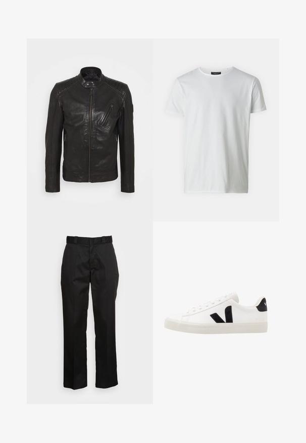 Chaqueta de motocicleta de cuero negro con cuello alzado, detalles acolchados en los hombros, cremallera asimétrica en el frontal y dos bolsillos con cremallera.; Camiseta blanca de manga corta y cuello redondo, hecha de algodón con una textura suave. Presenta una etiqueta en el cuello. Diseño simple y liso.; Pantalones negros hechos de una tela suave, con un diseño de pierna recta, trabillas para cinturón y dos bolsillos laterales. Un aspecto clásico sin adornos.; Zapatilla de cuero blanca con acentos de ante negro; presenta una suela de goma, puntera redonda y un diseño clásico de cordones. Logo lateral en negro.