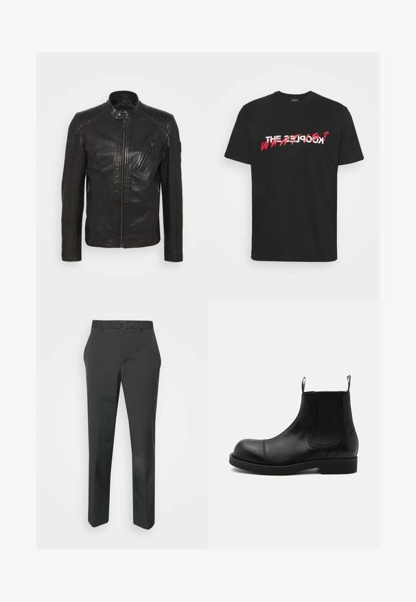 Schwarze Leder-Motorradjacke mit Stehkragen, gesteppten Schulterdetails, asymmetrischem Frontreißverschluss und zwei Reißverschlusstaschen.; Schwarzes Baumwoll-T-Shirt mit auffälligem weißem und rotem Text. Das Grafikdesign enthält die Worte "THE PEOPLE" und "WHAT?" in einem dynamischen Stil.; Neil Barrett PLEAT TROUSERS - Stoffhose - black; Schwarzer Chelsea-Boot aus Leder mit abgerundeter Spitze, elastischen Seiteneinsätzen, Zugschlaufen vorn und hinten, flacher Sohle, seitlich auf weißem Hintergrund abgebildet.