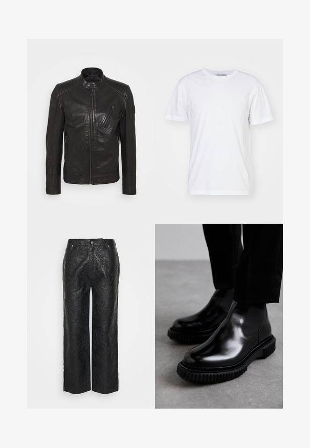 Schwarze Leder-Motorradjacke mit Stehkragen, gesteppten Schulterdetails, asymmetrischem Frontreißverschluss und zwei Reißverschlusstaschen.; Weißes Baumwoll-T-Shirt mit Rundhalsausschnitt, kurzen Ärmeln und geradem Schnitt. Keine Muster oder Verzierungen, glatte Textur und schlichtes Design.; Han Kjøbenhavn EMBOSSED TRIBAL - Lederhose - black; Schwarze Leder-Chelsea-Boots mit glatter Oberfläche, elastischen Seiteneinsätzen und einer dicken, strukturierten Gummisohle mit einem robusten Profil.