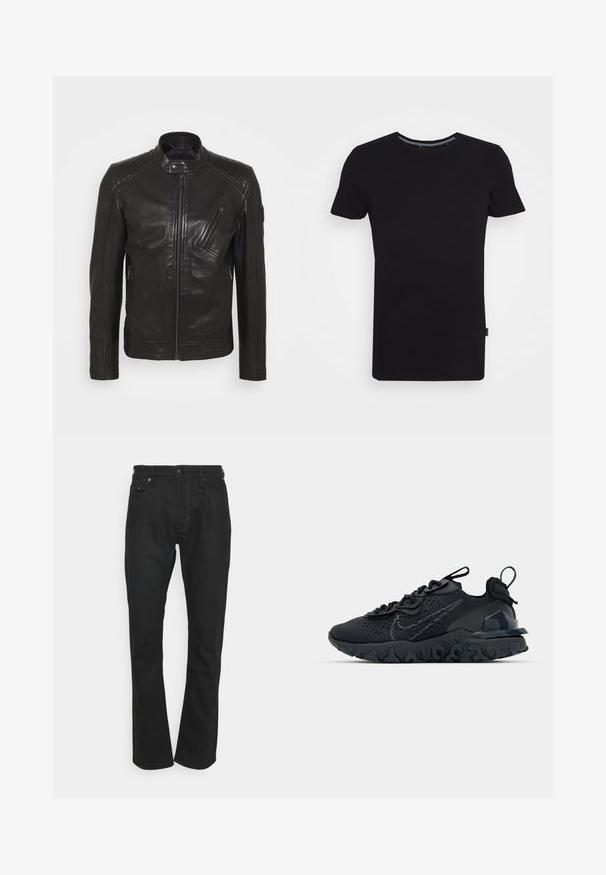 Schwarze Leder-Motorradjacke mit Stehkragen, gesteppten Schulterdetails, asymmetrischem Frontreißverschluss und zwei Reißverschlusstaschen.; Lindbergh T-Shirt basic - black; Schwarze Jeanshose mit geradem Bein, ausgestattet mit einem Knopf- und Reißverschluss und Kontrastnähten entlang der Nähte.; Schwarzer Sportschuh mit atmungsaktivem Mesh-Obermaterial, strukturierten Akzenten und einer wellenförmigen Gummisohle. Verfügt über ein reflektierendes Logo und ein Schnürsystem.