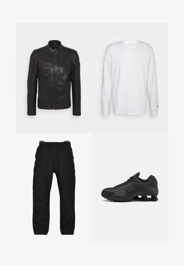 Chaqueta de motocicleta de cuero negro con cuello alzado, detalles acolchados en los hombros, cremallera asimétrica en el frontal y dos bolsillos con cremallera.; Camiseta blanca de manga larga hecha de algodón. Diseño de cuello redondo con puños acanalados y un pequeño logo en la manga izquierda. Textura suave.; Pantalones cargo negros hechos de una tela resistente. Cuenta con múltiples bolsillos, un corte relajado y una cremallera con cierre de botón. Costuras reforzadas en las costuras.; Zapatillas de running negras con un upper sintético liso, detalles perforados, paneles laterales texturizados y una suela distintiva y elástica.