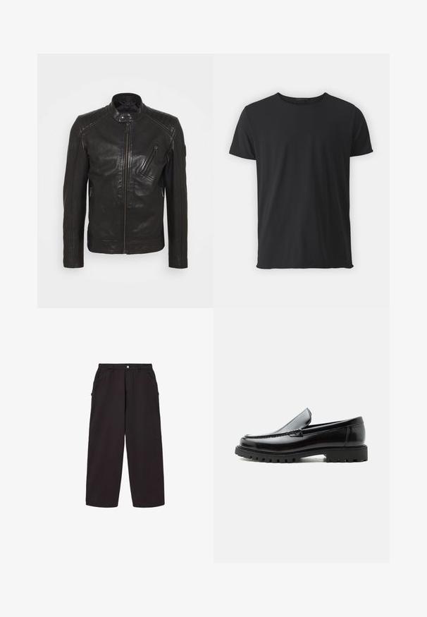 Sort lædermotorcykeljakke med ståkrave, quiltede skulderdetaljer, asymmetrisk frontlynlås og to lynlåslommer.; Sort kortærmet t-shirt lavet af blødt bomuld, med en klassisk rund halsudskæring og en glat tekstur, samt en lige pasform.; Sorte bukser med vide ben, forlommer, bæltestropper og knaplukning i taljen.; Sort læderloafer med chunky gummisål, syet overdel og præget mærkenavn på hælen, vist i sideprofil på hvid baggrund.