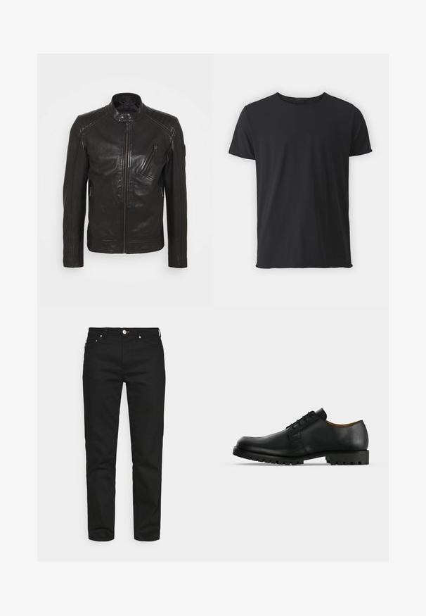 Chaqueta de motocicleta de cuero negro con cuello alzado, detalles acolchados en los hombros, cremallera asimétrica en el frontal y dos bolsillos con cremallera.; Camiseta de manga corta negra, hecha de algodón suave, con un cuello redondo clásico y una textura suave, con un corte recto.; Won Hundred ARCHER - Vaqueros tapered - rinse black; Zapato de vestir negro de cuero con cordones, suela gruesa y acanalada y tacón bajo mostrado sobre fondo blanco.