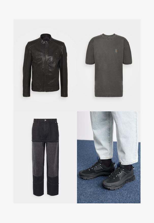Chaqueta de motocicleta de cuero negro con cuello alzado, detalles acolchados en los hombros, cremallera asimétrica en el frontal y dos bolsillos con cremallera.; Carhartt WIP NELSON - Camiseta básica - black garment dyed; Night Addict NAAJAYBLK - Vaqueros holgados - black; Zapatillas deportivas negras con tejido texturizado y suelas de goma, con cordones elásticos y un acento azul en el talón. Combinadas con pantalones de mezclilla claros.