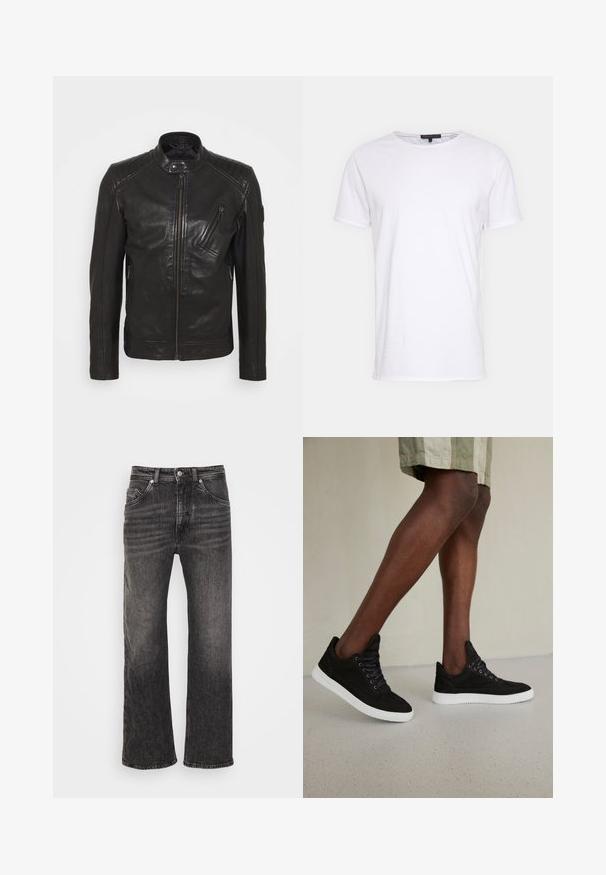 Veste de moto en cuir noir avec un col montant, des détails matelassés aux épaules, une fermeture éclair asymétrique à l'avant et deux poches zippées.; T-shirt en coton blanc avec un col rond, des manches courtes et une coupe droite. Présente une texture simple et lisse, sans motifs supplémentaires.; DRYKORN WAYDE - Jean boyfriend - black; Baskets en suède noir avec semelles en caoutchouc blanc, dotées de lacets ronds, d'un design basse et d'une texture lisse.