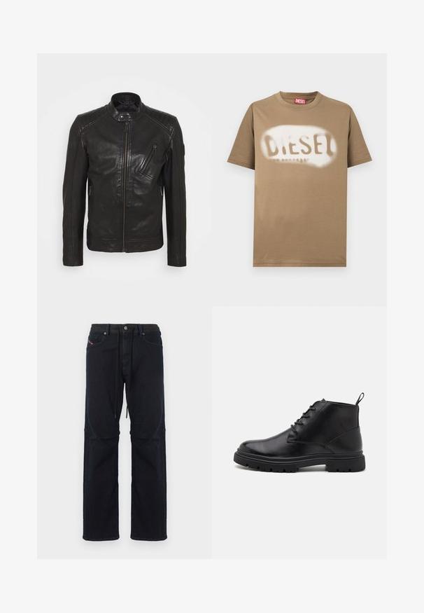 Chaqueta de motocicleta de cuero negro con cuello alzado, detalles acolchados en los hombros, cremallera asimétrica en el frontal y dos bolsillos con cremallera.; Camiseta de algodón marrón con el logo "DIESEL" en blanco, pintado con spray. Cuello redondo clásico y mangas cortas con una textura suave.; Pantalones de mezclilla azul marino oscuro con un ajuste holgado, que cuentan con cintura con cordón, cinco bolsillos y costuras contrastantes sutiles.; Botas de cuero negras hasta el tobillo con cordones en la parte delantera, suela texturizada y asa de tiro. Punta redondeada y suela de goma robusta que mejora la tracción.