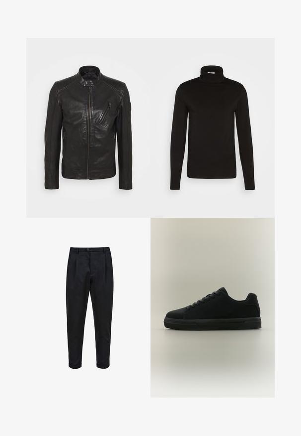 Chaqueta de motocicleta de cuero negro con cuello alzado, detalles acolchados en los hombros, cremallera asimétrica en el frontal y dos bolsillos con cremallera.; Camiseta de cuello alto de manga larga negra, elaborada en una tela suave con un diseño ajustado y un cuello alto, ceñido. Sin patrones ni acentos visibles.; Pantalones negros de tejido suave, con un frente plisado, ajuste tapered y puños enrollados. Cierre de botón sencillo en la cintura.; Zapatilla negra de perfil bajo con cordones, suela de goma y acabado liso, mostrada de perfil sobre un fondo neutro.
