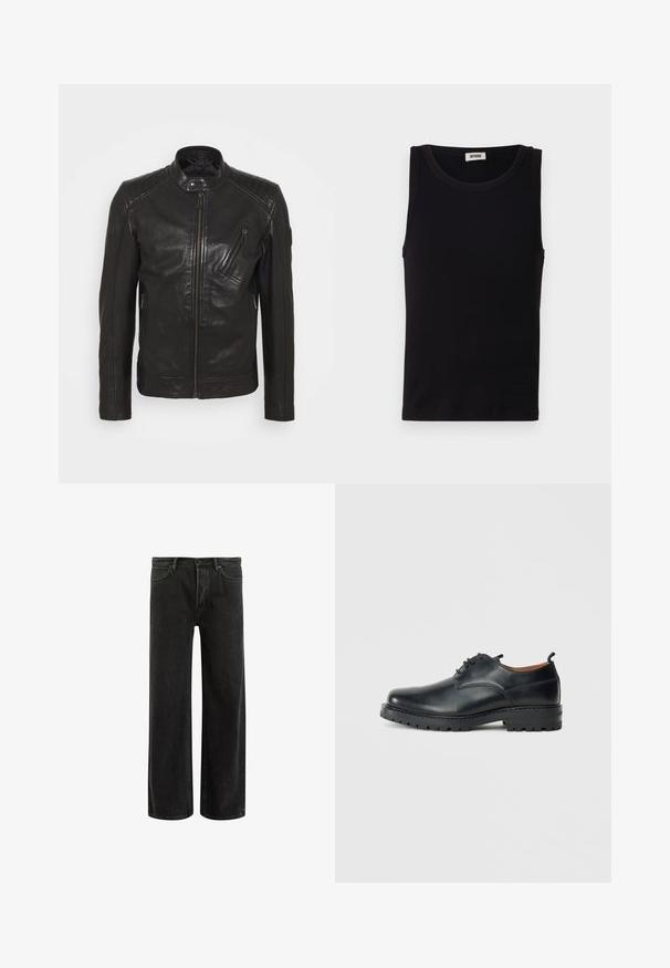 Schwarze Leder-Motorradjacke mit Stehkragen, gesteppten Schulterdetails, asymmetrischem Frontreißverschluss und zwei Reißverschlusstaschen.; Schwarzes ärmelloses Tanktop aus weicher Baumwolle. Verfügt über einen runden Ausschnitt und einen geraden Schnitt mit minimalen Nähdetails.; Schwarze, weit geschnittene Jeans aus Denim mit hoher Taille, im klassischen Fünf-Taschen-Design und subtilem Verblassen für eine strukturierte Optik.; Schwarze Leder Derby-Schuhe mit glatter Textur, runder Zehenform, Schnürdesign und einer dicken, robusten Gummisohle.