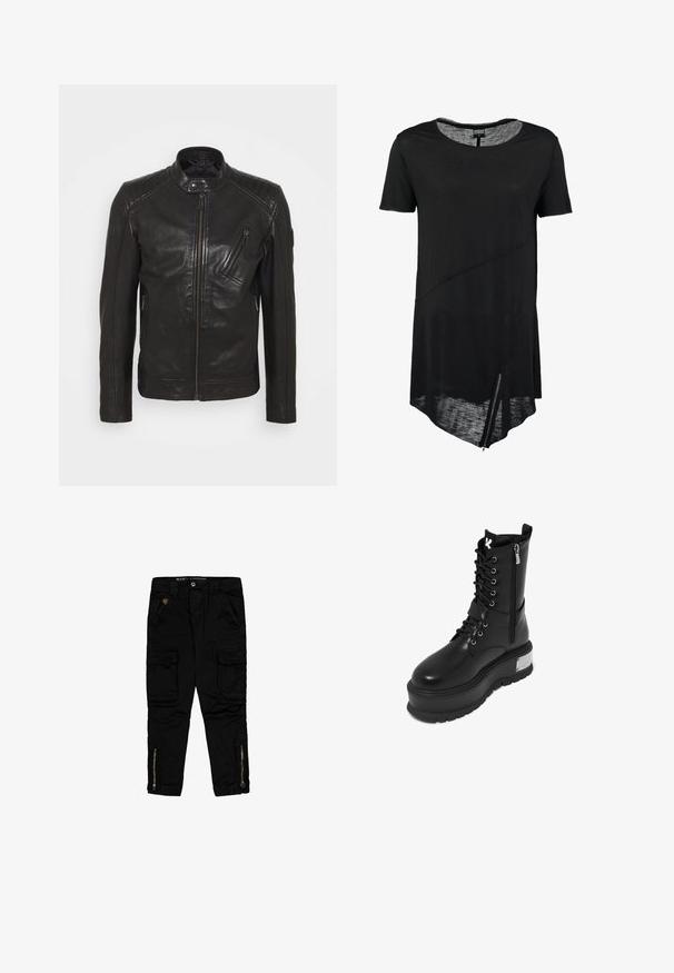Sort lædermotorcykeljakke med ståkrave, quiltede skulderdetaljer, asymmetrisk frontlynlås og to lynlåslommer.; Sort kortærmet t-shirt med rund halsudskæring, asymmetrisk kant, gennemsigtig tekstur og en sidelukning. Blødt, let stof.; Sorte cargo-bukser lavet af bomuld, med sidelommer, lynlåse ved anklerne og en regular-fit design.; Sort faux læder kampstøvle med en chunky platform, der har snørebånd fortil, lynlås lukning og metallisk detalje på hælen.
