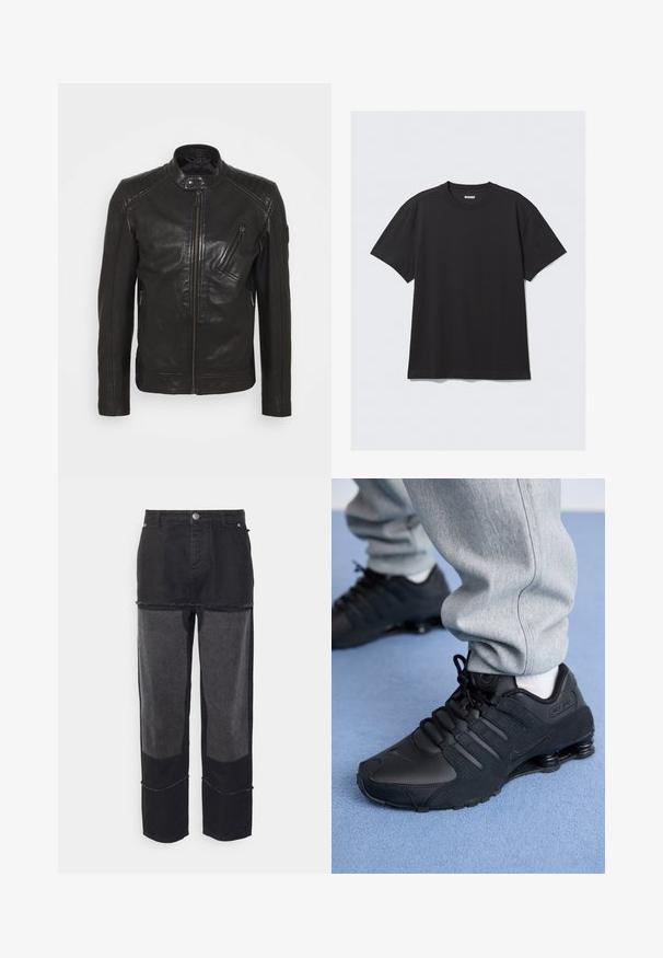 Schwarze Leder-Motorradjacke mit Stehkragen, gesteppten Schulterdetails, asymmetrischem Frontreißverschluss und zwei Reißverschlusstaschen.; Schwarzes T-Shirt mit kurzen Ärmeln aus Baumwolle. Hat einen Rundhalsausschnitt und eine lockere Passform. Einfaches Design ohne sichtbare Muster oder Akzente.; Night Addict NAAJAYBLK - Loose Jeans - black; Person in schwarzen Nike Shox Sneakers und grauen Jogginghosen, der auf einem hellblauen Teppich steht.