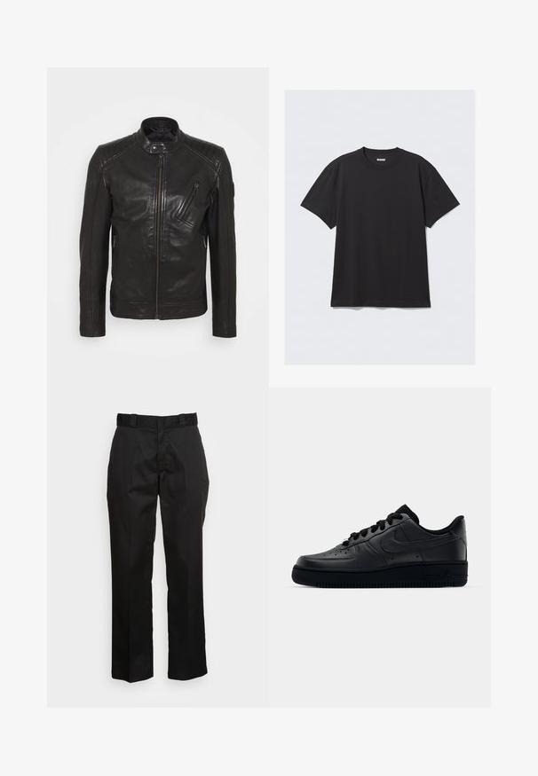 Schwarze Leder-Motorradjacke mit Stehkragen, gesteppten Schulterdetails, asymmetrischem Frontreißverschluss und zwei Reißverschlusstaschen.; Schwarzes T-Shirt mit kurzen Ärmeln aus Baumwolle. Hat einen Rundhalsausschnitt und eine lockere Passform. Einfaches Design ohne sichtbare Muster oder Akzente.; Schwarze Hose aus einem glatten Stoff, mit einem geraden Bein Design, Gürtelschlaufen und zwei Seiten Taschen. Klassischer Look ohne Verzierungen.; Schwarzer Nike Air Force 1 Schuh mit einem glatten Lederoberteil, perforierter Zehenpartie für Atmungsaktivität, schwarzen Schnürsenkeln und einer strukturierten Gummisohle.