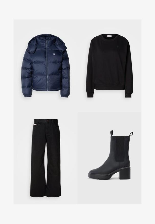 Mørkeblå puffjakke med lynlås foran, aftagelig hætte og elastiske manchetter. Har et subtilt logo på brystet og quiltet tekstur.; Sort sweatshirt lavet af blødt materiale, med rund hals, ribbede manchetter og et lille CK-logo på brystet. Simpelt, minimalistisk design.; Sorte breddebenede jeans lavet af bomuld. Har forlommer, en knaplukning og en klassisk denimtekstur. Minimalistisk design uden mønstre.; Sorte ankelstøvler i glat gummimateriale, med elastiske sidepaneler, blokhæle og trækskilt øverst for nem påtagning.
