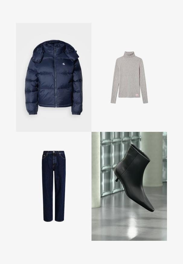 Mørkeblå puffjakke med lynlås foran, aftagelig hætte og elastiske manchetter. Har et subtilt logo på brystet og quiltet tekstur.; Lysegrå ribbet langærmet rullekravesweater med et lille rødt og hvidt CK-logo nær nederste kant.; Mørkeblå denim jeans med lige ben-design, der har høj talje, fem-lomme-stil og kontrastsyninger. Ingen dekorationer.; Sort læderankelstøvle med spids tå og lav kitten-hæ, vist vinklet mod en poleret gulv- og glasblokvæg.