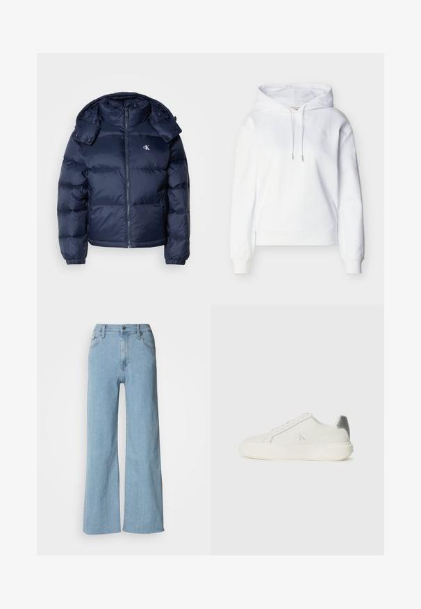 Dunkelblauer Pufferjacke mit durchgehendem Reißverschluss, abnehmbarer Kapuze und elastischen Bündchen. Besitzt ein dezentes Logo auf der Brust und eine gesteppten Textur.; Weißer Hoodie mit langen Ärmeln, Kordelzug, gerippten Bündchen und Saum sowie dezentem "ck"-Logo auf der linken Brust.; Hellblaue weite Jeans aus Denim, mit einer enganliegenden Taille, Fünf-Taschen-Design und dezenten Nähdetails.; Weißer Sneaker aus Leder mit glatter Textur, ausgestattet mit einem silbernen Akzent an der Ferse, flacher Sohle und minimalistischem Design.