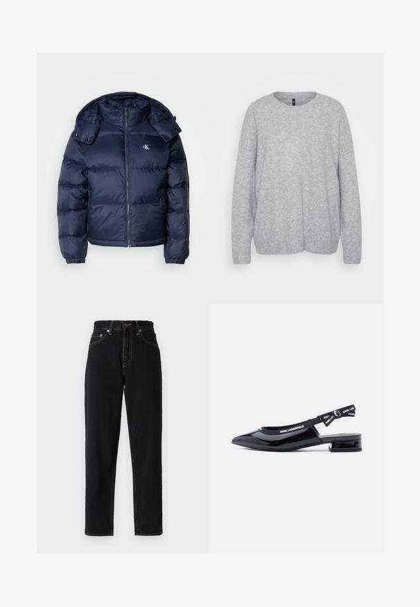Mørkeblå puffjakke med lynlås foran, aftagelig hætte og elastiske manchetter. Har et subtilt logo på brystet og quiltet tekstur.; Lys grå sweater lavet af blødt garn, med rund halsudskæring, lange ærmer og ribbet kant. Enkel, struktureret strikket mønster over det hele.; Sorte denimjeans med lige ben design, høj talje og kontrastsyning. Har fem lommer og lynlåslukning.; Sort slingback-sko i laklæder med lav blokhæl og elastisk rem med mærket "Karl Lagerfeld" i hvid tekst.
