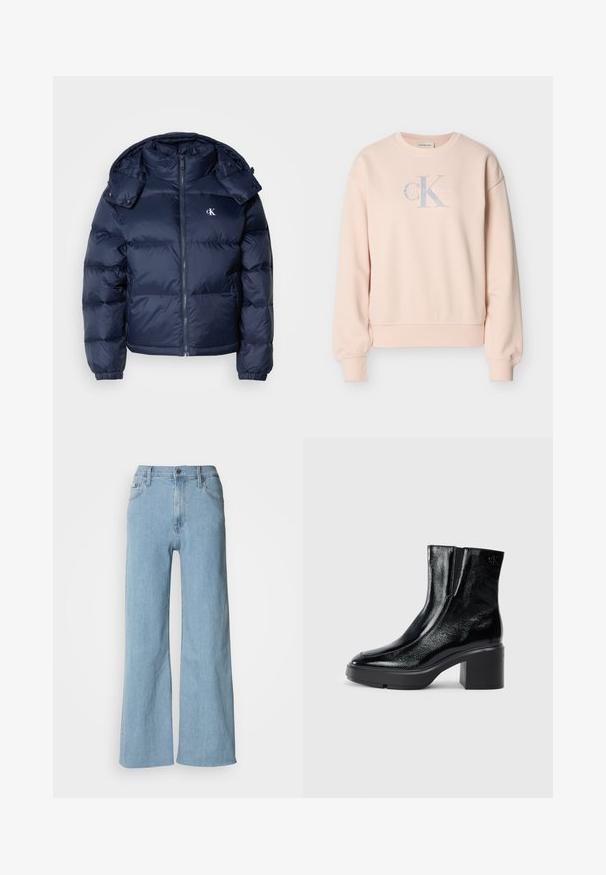 Marineblauwe pufferjas met een ritssluiting aan de voorkant, afneembare capuchon en elastische manchetten. Beschikt over een subtiel logo op de borst en een gestikt patroon.; Lichtroze Calvin Klein sweatshirt met lange mouwen, ronde hals, geribde manchetten en voorop een logo in lichtgrijze en witte letters.; Lichtblauwe wijde jeans van denim, met een aansluitende taille, vijf-pocket ontwerp en subtiele stiksels.; Zwarte gepatenteerde leren enkellaarsjes met een gebogen neus, elastische zijpanelen en een chunky blokhak. Voorzien van een reliëflogo aan de achterkant.