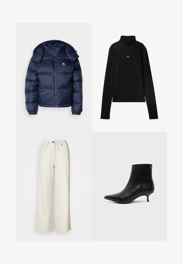 Mørkeblå puffjakke med lynlås foran, aftagelig hætte og elastiske manchetter. Har et subtilt logo på brystet og quiltet tekstur.; Sort ribstrikket bluse med lange ærmer og lille firkantet Calvin Klein-logo placeret centralt på brystet.; Cremefarvede bukser med brede ben lavet af glat stof. Har en mellemhøj talje, lynlås i gulvet og to frontlommer med sorte hardware accenter.; Sort læder ankelstøvle med spids tå og lav kitten hæl på lys baggrund, der viser yderside.