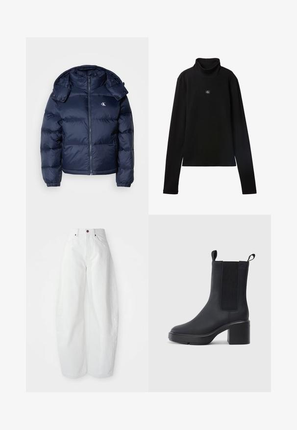 Marineblauwe pufferjas met een ritssluiting aan de voorkant, afneembare capuchon en elastische manchetten. Beschikt over een subtiel logo op de borst en een gestikt patroon.; Zwarte geribde coltrui met lange mouwen en een klein vierkant Calvin Klein-logo midden op de borst.; Hoge taille witte spijkerbroek met een losse pasvorm. Voorzien van een knoopsluiting, zijzakken en een minimalistisch ontwerp. Glad textuur.; Zwarte enkellaars met een gladde rubberen materiaal, elastische zijkanten, blokhak en instaplipjes aan de bovenkant voor makkelijk aan- en uittrekken.