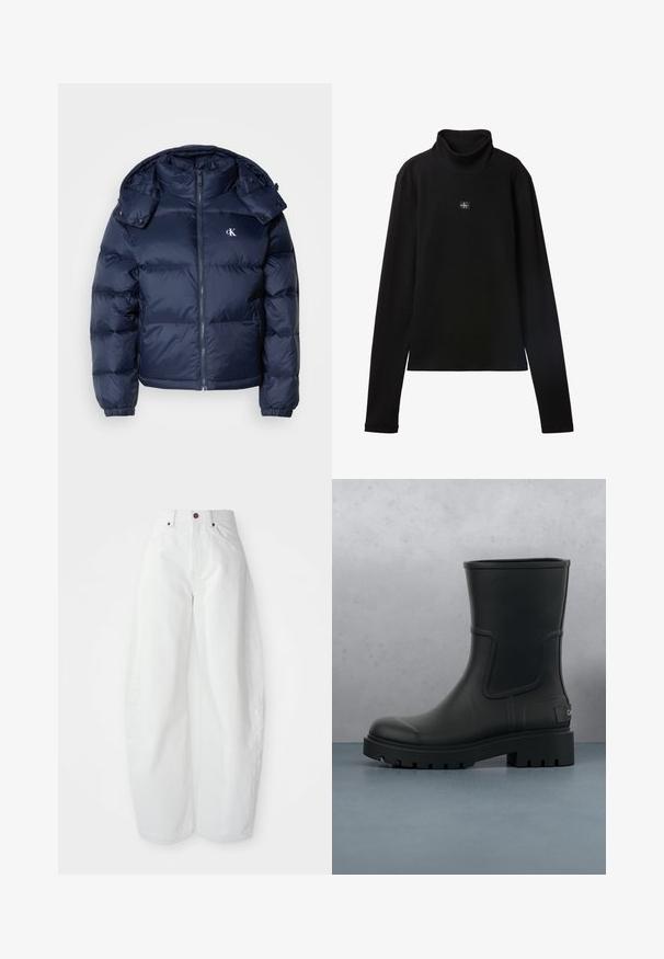 Dunkelblauer Pufferjacke mit durchgehendem Reißverschluss, abnehmbarer Kapuze und elastischen Bündchen. Besitzt ein dezentes Logo auf der Brust und eine gesteppten Textur.; Schwarzes, geripptes Langarm-Top mit Rollkragen und kleinem quadratischem Calvin Klein Logo-Patch zentral auf der Brust.; Hochtaillierte weiße Denim-Hose mit lockerer Passform. Einfacher Knopfverschluss, seitliche Taschen und minimalistisches Design. Glatte Textur.; Schwarze matte Leder-Stiefelette mit dickem Profilsohle, schwebend über hölzernen quadratischen Fliesen und kleinen grauen Steinen im Freien.
