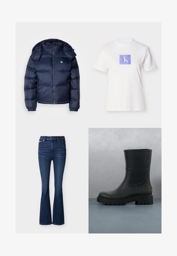 Mørkeblå puffjakke med lynlås foran, aftagelig hætte og elastiske manchetter. Har et subtilt logo på brystet og quiltet tekstur.; Hvid bomulds t-shirt med et lilla kvadratisk design med bogstaverne "CK" i en lys nuance. Kortærmet og med rund halsudskæring.; Mørkeblå jeans med høj talje, let udvidede forneden, knaplukning foran, lynlås og lommer både foran og bagpå.; Sort mat læder ankelstøvle med tyk klodset sål, svævende over træfliser og små grå sten udendørs.