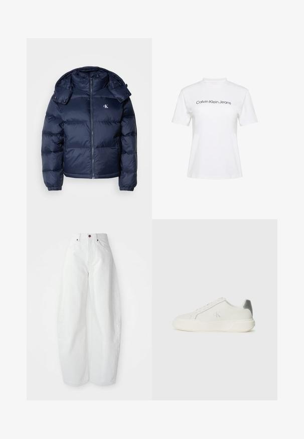 Dunkelblauer Pufferjacke mit durchgehendem Reißverschluss, abnehmbarer Kapuze und elastischen Bündchen. Besitzt ein dezentes Logo auf der Brust und eine gesteppten Textur.; Weißes Baumwoll-T-Shirt mit Rundhalsausschnitt und kurzen Ärmeln, bedruckt mit dem Schriftzug "Calvin Klein Jeans" in schwarzer Schrift quer über der Brust.; Hochtaillierte weiße Denim-Hose mit lockerer Passform. Einfacher Knopfverschluss, seitliche Taschen und minimalistisches Design. Glatte Textur.; Weißer Sneaker aus Leder mit glatter Textur, ausgestattet mit einem silbernen Akzent an der Ferse, flacher Sohle und minimalistischem Design.