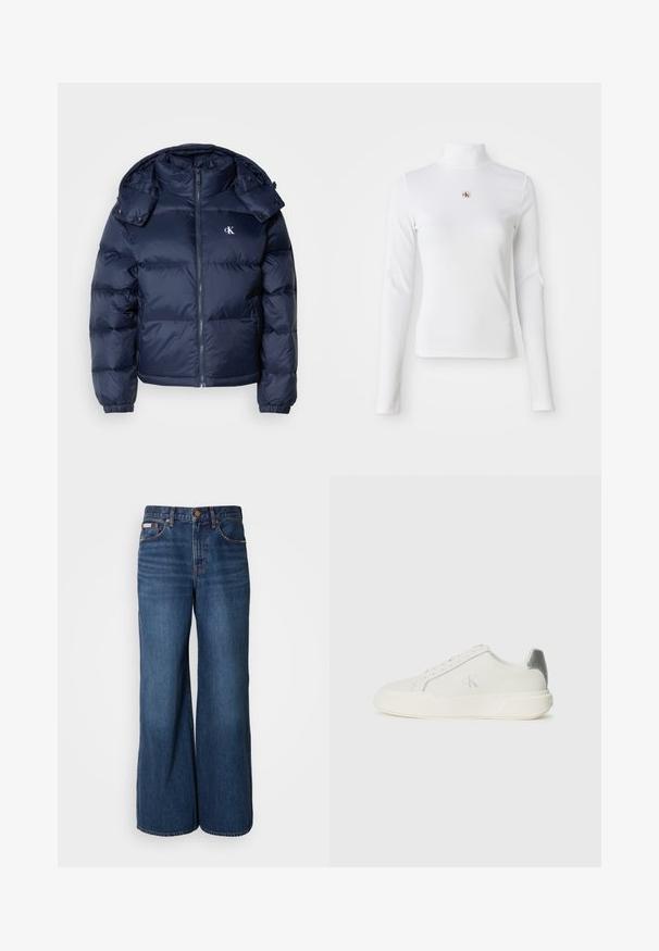 Mørkeblå puffjakke med lynlås foran, aftagelig hætte og elastiske manchetter. Har et subtilt logo på brystet og quiltet tekstur.; Langærmet, hvid turtleneck-top lavet af ribbet materiale. Har et lille broderet logo i midten. Tæt pasform uden mønstre.; Bredde jeans lavet af mørkeblåt denim. Funktioner inkluderer en høj talje, fem lommer og kontrasterende orange syninger langs sømmene.; Hvide sneakers lavet af læder med en glat tekstur, forsynet med en sølvaccent på hælen, flad sål og minimalistisk design.