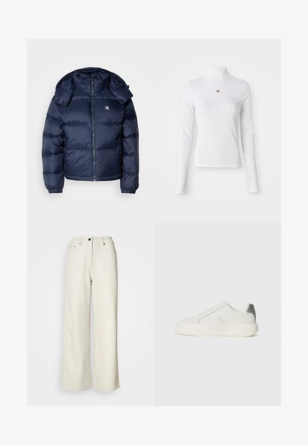 Mørkeblå puffjakke med lynlås foran, aftagelig hætte og elastiske manchetter. Har et subtilt logo på brystet og quiltet tekstur.; Langærmet, hvid turtleneck-top lavet af ribbet materiale. Har et lille broderet logo i midten. Tæt pasform uden mønstre.; Cremefarvede bukser med brede ben lavet af glat stof. Har en mellemhøj talje, lynlås i gulvet og to frontlommer med sorte hardware accenter.; Hvide sneakers lavet af læder med en glat tekstur, forsynet med en sølvaccent på hælen, flad sål og minimalistisk design.