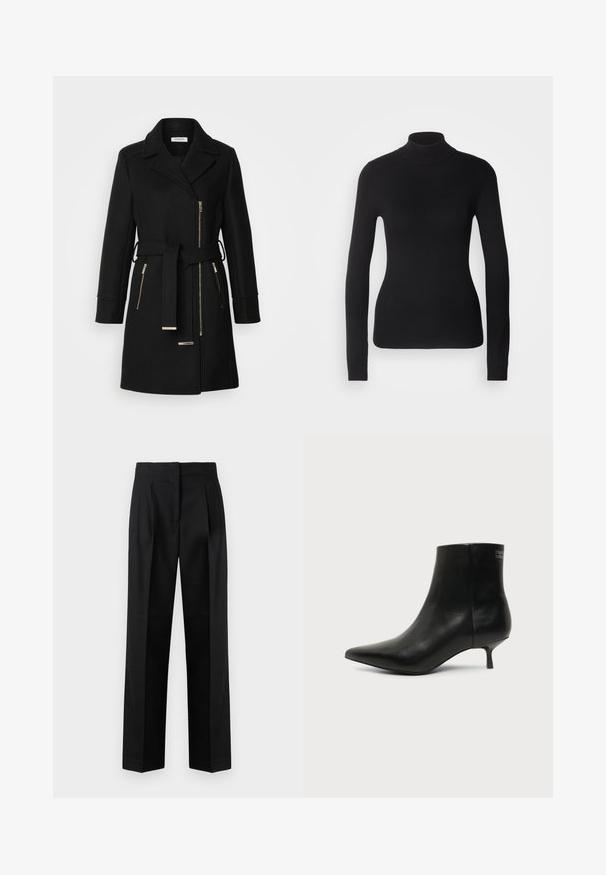 Sort uldblandingsfrakke med klippet krave, justerbart bælte og sidelommer med lynlås. Teksturstof med hardware i guldfarve.; Sort turtleneck sweater lavet af let strikket stof. Har lange ærmer, et tætsiddende design og en blød ribbet tekstur.; Sorte trousers lavet af vævet stof, med et skræddersyet design med plisseringer, lige ben og flad front. Holdbar og glat tekstur.; Sort læder ankelstøvle med spids tå og lav kitten hæl på lys baggrund, der viser yderside.