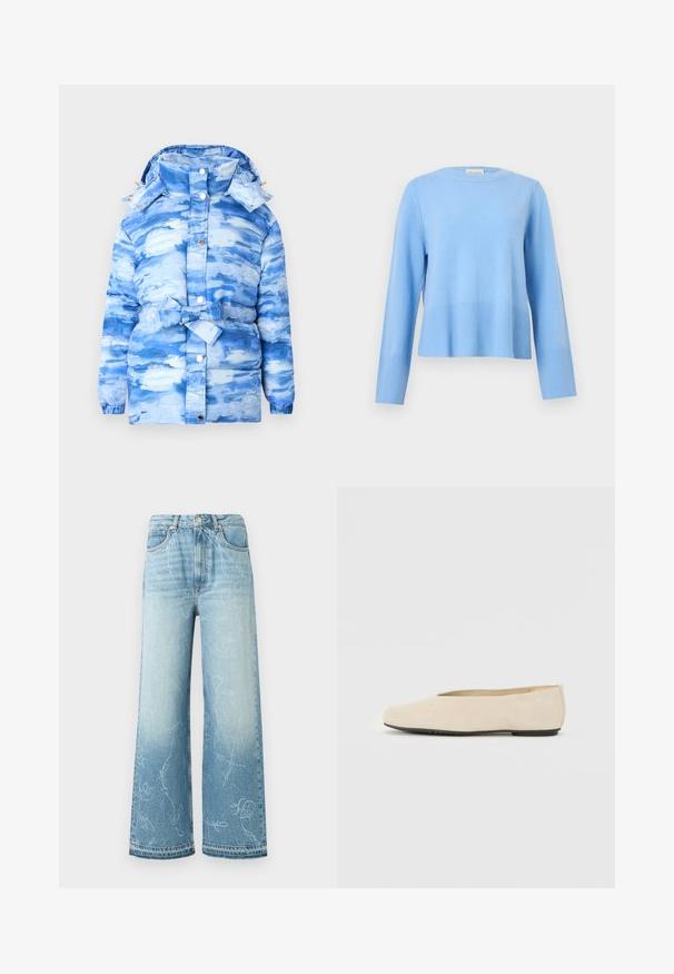 Blå pufferjakke med et skymønster, hætte og belagt talje. Fremstillet af glansfuldt, tekstureret materiale med trykknapper.; Lyseblå crewneck-trøje med lange ærmer og ribkant ved ærmer og kant på en ensfarvet grå baggrund.; Højtaljede, vide, lyseblå jeans i denim med falmet vask og subtile hvide kruseduller over det hele.; Beige ruskind ballerina med rund tå, flad sål og minimalistisk design. Glat tekstur uden synligt hardware eller udsmykninger.