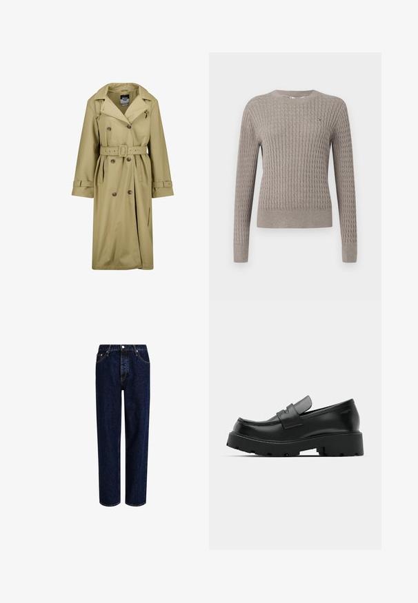 Gabardina impermeable beige con frente de doble botonadura, cinturón en la cintura y puños abotonados. Presenta un cuello clásico y bolsillos laterales.; Suéter de punto acanalado gris claro con mangas largas y cuello redondo. Presenta un patrón texturizado y un sutil detalle de logo en el pecho.; Jeans de mezclilla azul oscuro con un diseño de pierna recta, que presentan una cintura alta, estilo de cinco bolsillos y costuras en contraste. Sin adornos.; Mocasines de cuero negro con suela gruesa y texturizada, que presentan una correa sobre el empeine y un acabado suave y pulido.