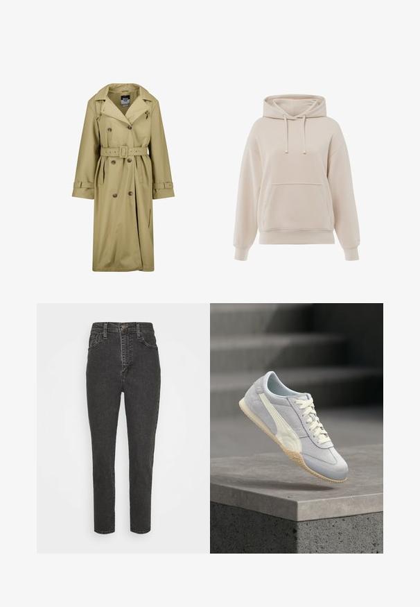 Beige wasserdichter Trenchcoat mit doppelreihiger Front, Gürtel in der Taille und geknöpften Manschetten. Verfügt über einen klassischen Kragen und Seitentaschen.; Beige Kapuzenpullover aus weichem Stoff, mit einer vorderen Tasche, Zugkordelkapuze und gerippten Bündchen. Lockere Passform mit minimalistischem Design.; Schwarze, hoch geschnittene Denim-Jeans mit Slim Fit, versehen mit einem Knopfverschluss, Gürtelschlaufen und klassischem Fünf-Taschen-Design.; Hellgrauer Wildleder-Sneaker mit weißem Lederstreifen und Gummisohle, über einem Betonabsatz schwebend mit verschwommenen grauen Stufen im Hintergrund.