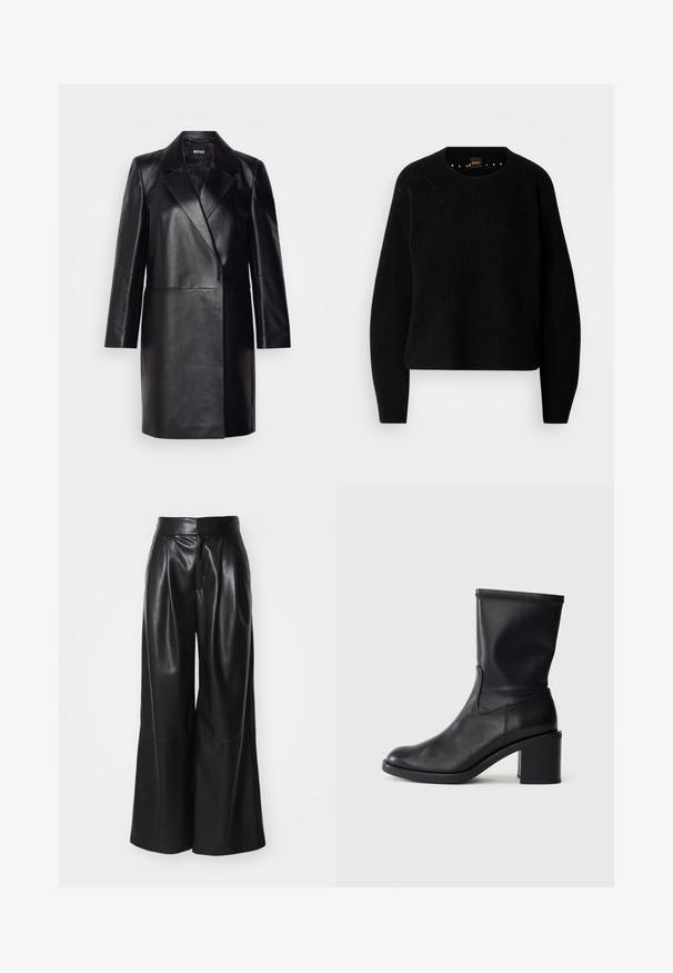 Blazer en cuir noir avec un col cranté, fermeture à un bouton et manches longues. Présente une texture lisse et une coupe ajustée.; Pull en maille noir avec un col rond et une texture côtelée. Présente des détails subtils autour de l'encolure et des manches longues et droites.; Pantalons large en faux cuir noir, taille haute, avec un devant plissé et une texture lisse. Caractéristiques d'un design épuré et minimaliste.; Botte en cuir noir à cheville avec un bout rond, texture lisse et un talon épais, présentant un tige ajustée et un subtil détail de couture.
